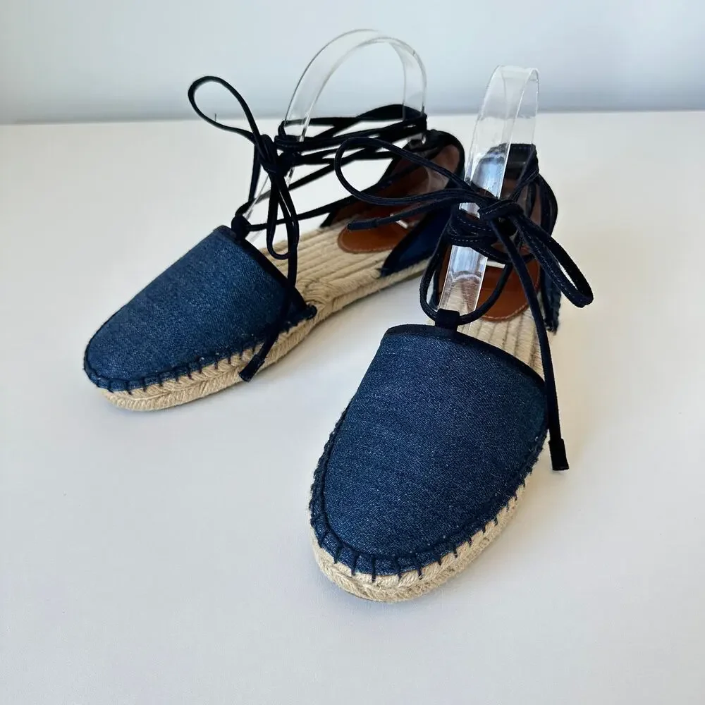 FRYE Leo Denim Espadrilles Wrap Up Lace Navy Size 7M